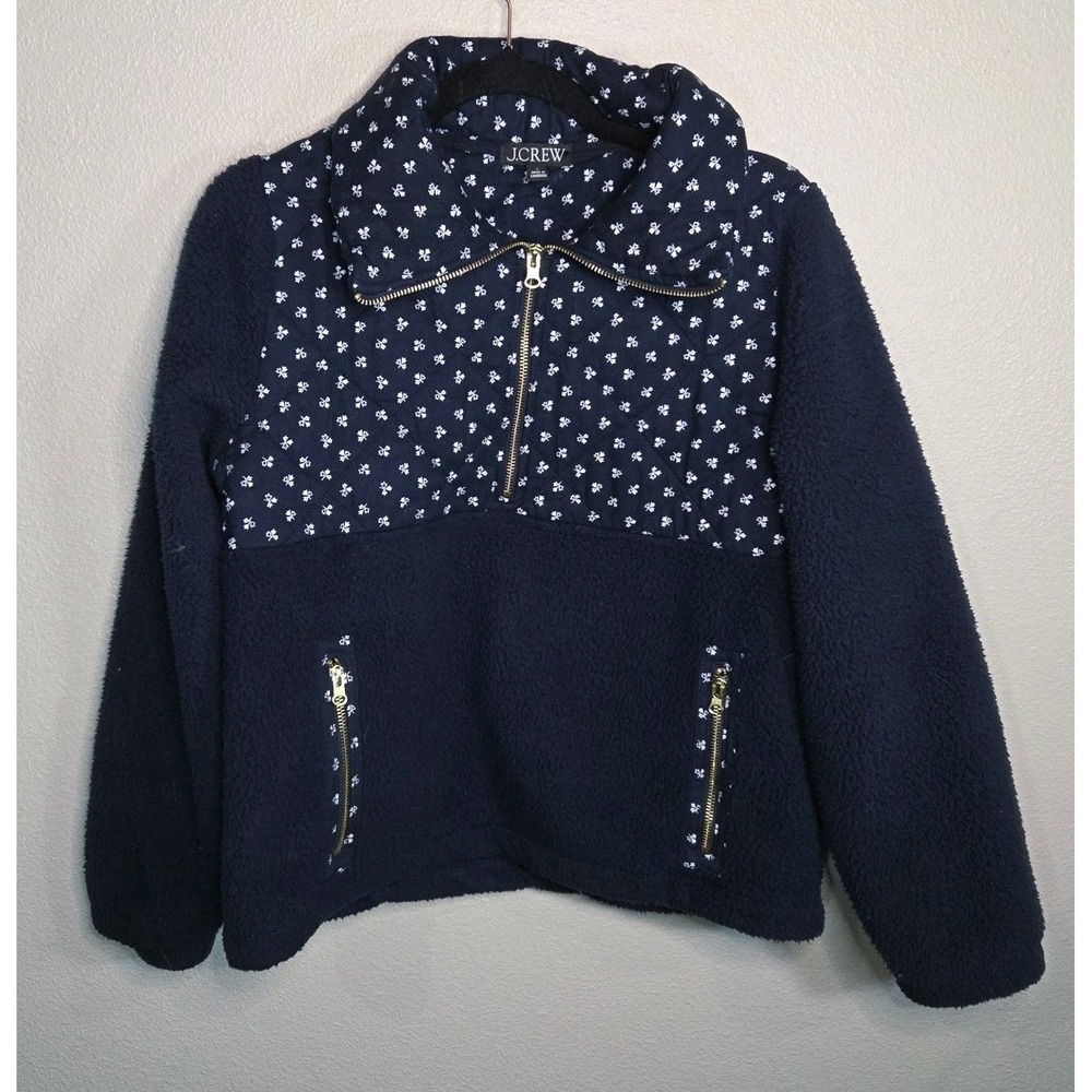 J.Crew Sherpa Fleece Pullover‎ Jacket Women's Small Navy Floral Quarter Zip Cozy